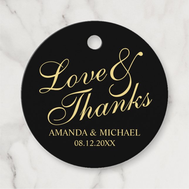 'Liebe & Dank' Black & Gold Elegante Hochzeit Geschenkanhänger (Vorderseite)