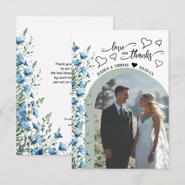 Liebe Dank Blue Wildblumen Foto QR Code Hochzeit Dankeskarte (Vorne/Hinten)