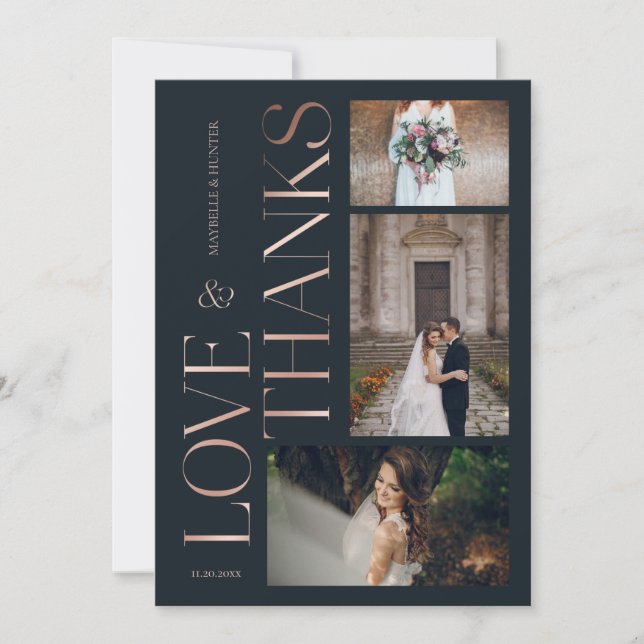 Liebe & Dank Classy Navy Rose Gold Hochzeiten Foto Dankeskarte (Vorderseite)