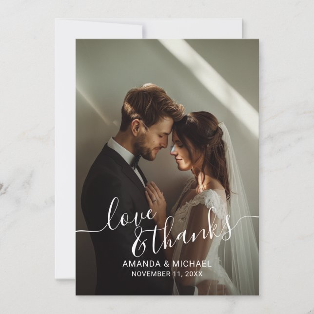 'Liebe & Dank' Custom Foto Wedding Dankeskarte (Vorderseite)