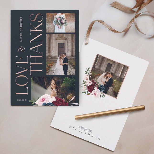 Liebe & Dank der Burgundy Navy Florals Drei Fotos Dankeskarte (Von Creator hochgeladen)