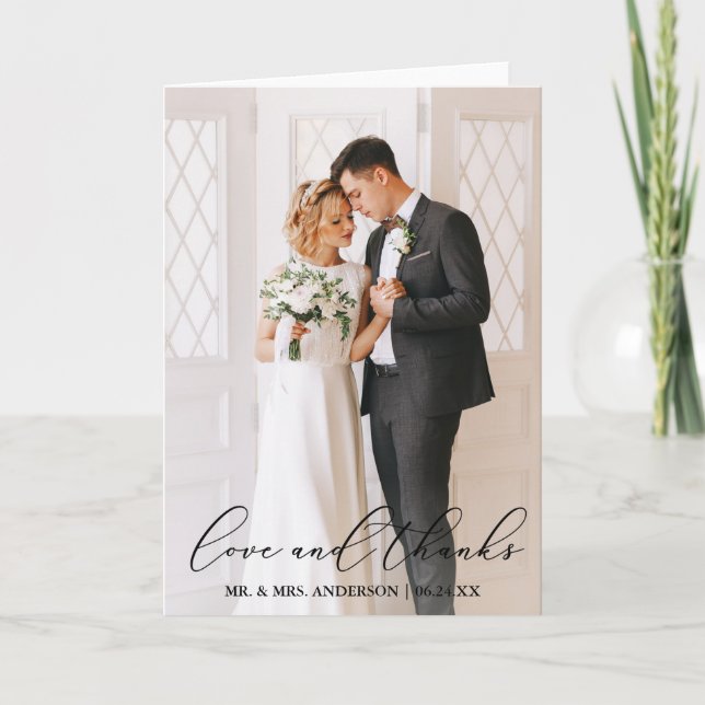 Liebe dank Elegant Calligraphy Wedding Foto Falten Dankeskarte (Vorderseite)