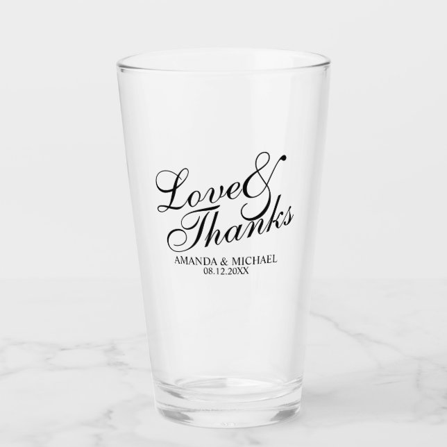 'Liebe & Dank' Elegante Script-Gastgeschenk Hochze Glas (Vorderseite)