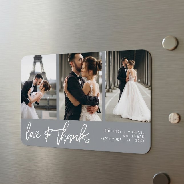 Liebe dank Foto Collage Handschrift Grau Magnet (Modern Gray Love and Thanks Photo Collage Wedding Magnet that is a perfect keepsake.)