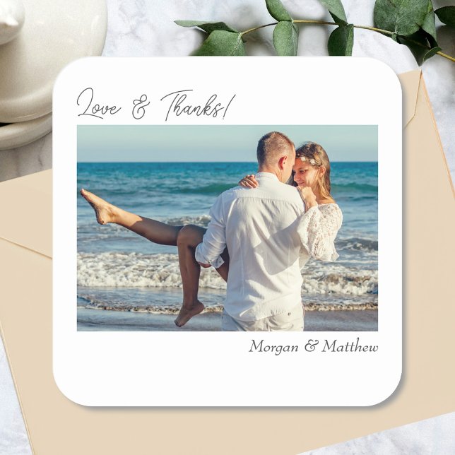 Liebe & Dank, Foto und Namen personalisieren Quadratischer Aufkleber (Von Creator hochgeladen)