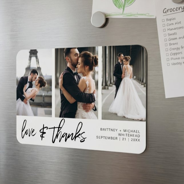 Liebe dank FotoCollage handschrift weiß Magnet (This modern simple card features a 3 photo collage with love and thanks in a hand lettered script. )
