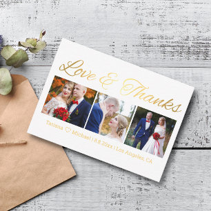 Liebe & Dank goldfarbener Hochzeit 3 Fotos Collage Mitteilungskarte