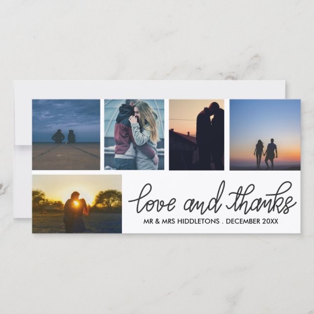Liebe & Dank Hochzeitsschrift fünf FotoCollage Dankeskarte (Vorderseite)