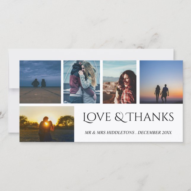 Liebe & Dank Hochzeitsschrift fünf FotoCollage Dankeskarte (Vorderseite)