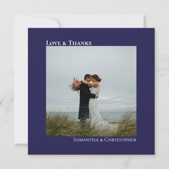 Liebe & Dank Minimalistisches Blue Wedding Foto Dankeskarte (Vorderseite)