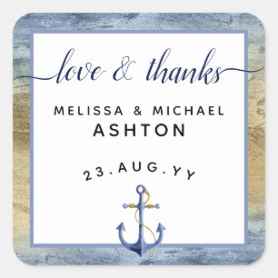 Liebe & Dank #Nautical Blue & Gold #Gastgeschenk H Quadratischer Aufkleber