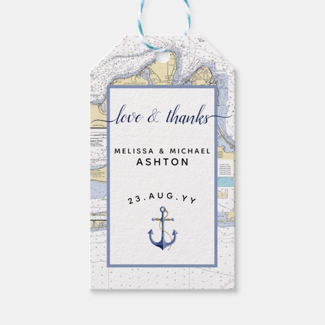 Liebe & Dank Nautical Chart Anchor Event Hochzeit Geschenkanhänger (Vorderseite)