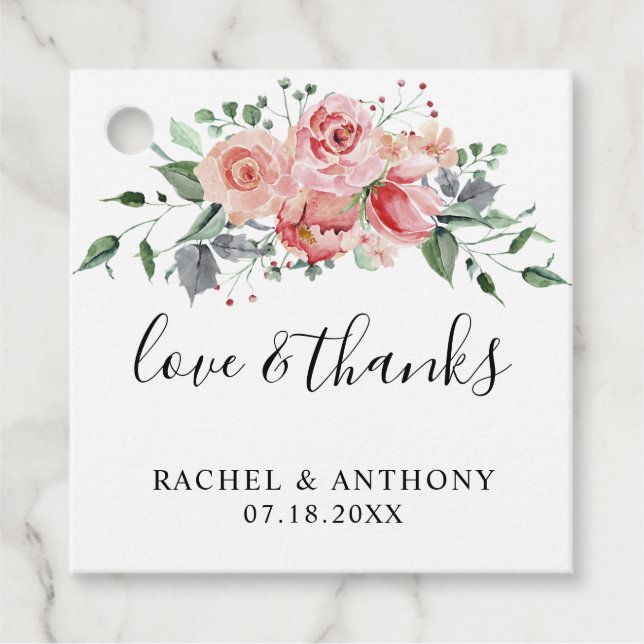 Liebe & Dank Rosa Rosen Wasserfarben Elegante Eleg Geschenkanhänger (Vorderseite)