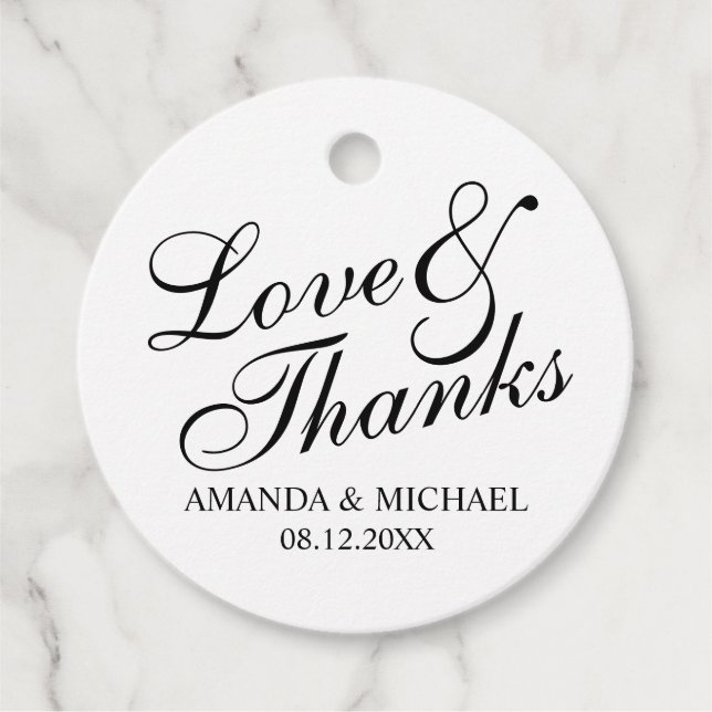 'Liebe & Dank' Schwarz-Weiß-Hochzeit Geschenkanhänger (Vorderseite)