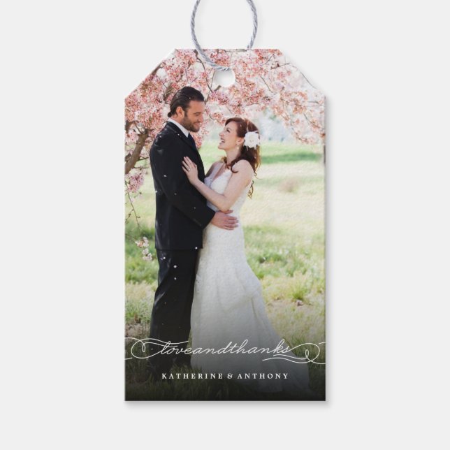 Liebe & dank Script Kalligraphie Hochzeitszettel Geschenkanhänger (Vorderseite)