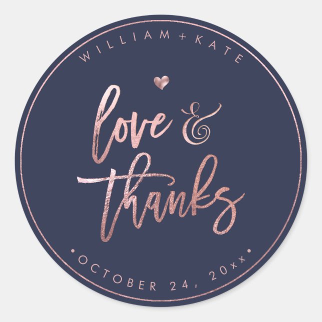 Liebe+Danke, Moderne Script Rose Gold+Navy Blue Runder Aufkleber (Vorderseite)