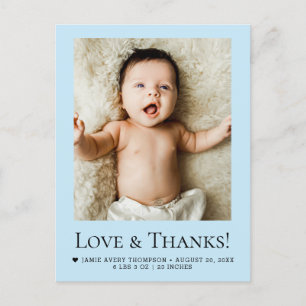 Liebe & Dankeschön Hellblaue Baby-Foto-Ankündigung Postkarte