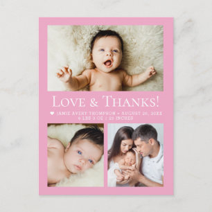 Liebe & Dankeschön Rosa Baby-Fotocollage Geburt Postkarte