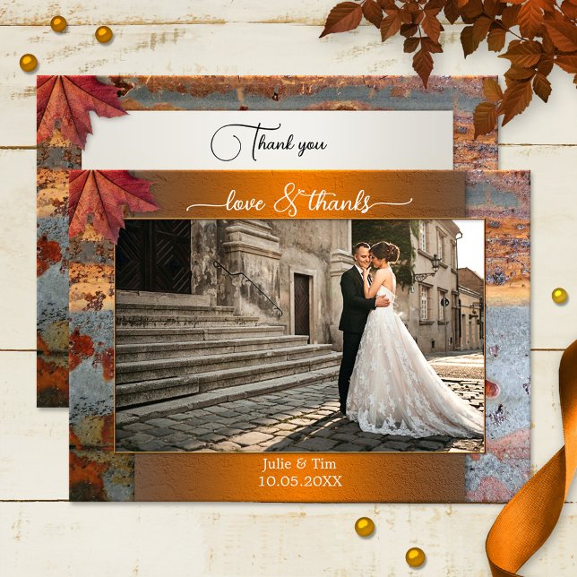Liebe-Dankkarte für industrielle Hochzeit im Herbs Dankeskarte (Wedding Thank You photo card, featuring your own wedding photo framed by a rustic industrial design)