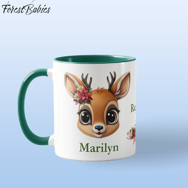 Liebe der Rentiere, Poinsettia Deer, Fawn, Dos 🦌 Tasse (Custom Deer, Floral Fawn, Doe Antler, Reindeer Love Poinsettia Flowers Green ForestBabies Mug 🦌🎄)