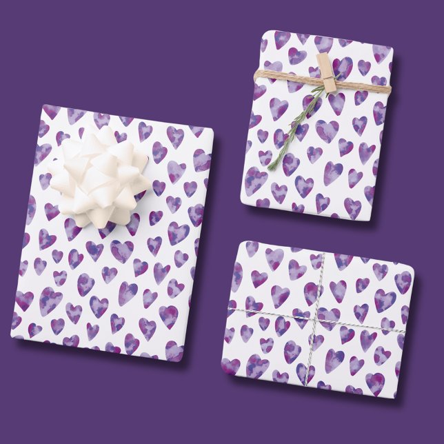 Liebe der Wasserfarbe Lila Muster Geschenkpapier Set (Cute watercolor love heart wrapping paper. Perfect for birthday gifts, weddings or valentines day.)