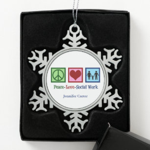 Liebe des Friedens Soziale Arbeit Personalisiert W Schneeflocken Zinn-Ornament