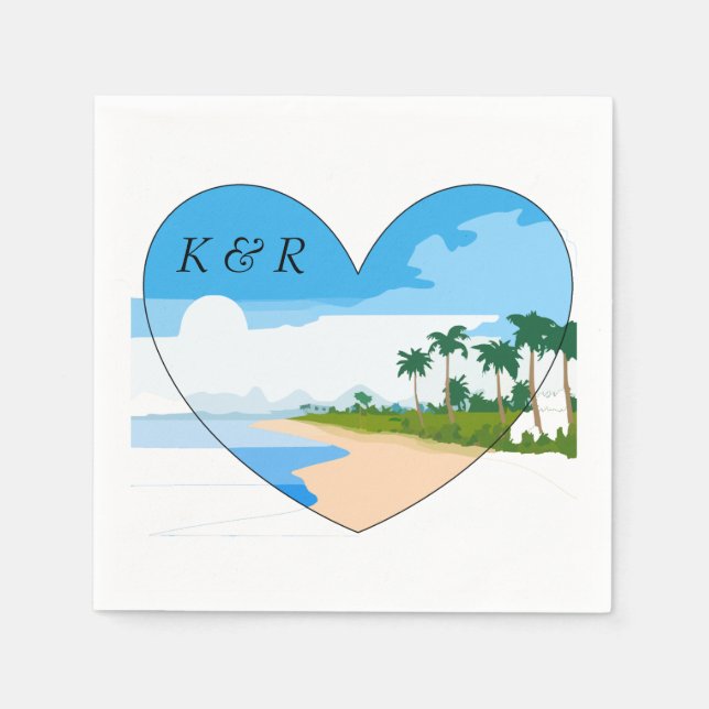 Liebe des Strandes mit Herz und Monogramm Serviette (Vorderseite)