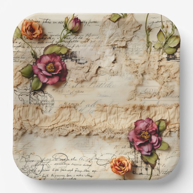 Liebe des Vintagen Dokuments mit Blume (8) Pappteller (Vorderseite)