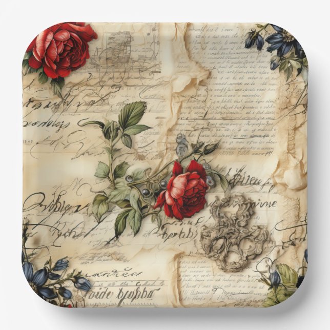 Liebe des Vintagen Dokuments mit Blume (9) Pappteller (Vorderseite)