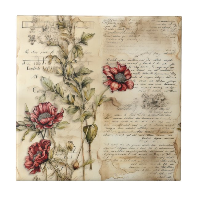 Liebe des Vintagen Pergaments mit Blume (1) Fliese (Vorderseite)