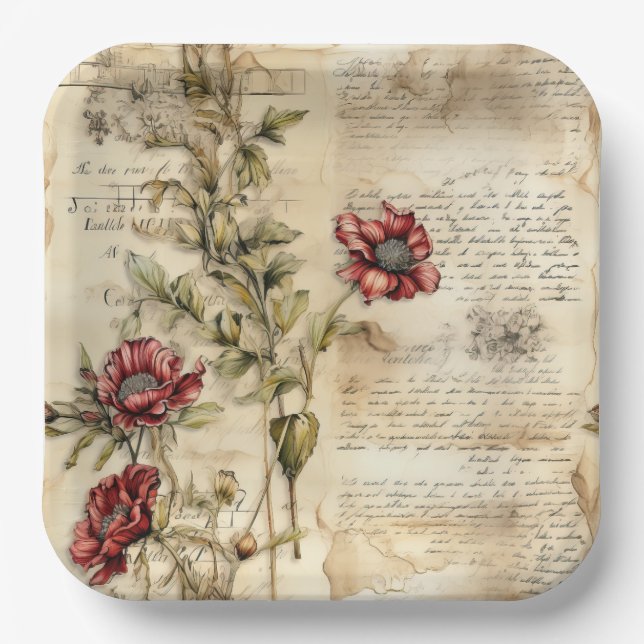 Liebe des Vintagen Pergaments mit Blume (1) Pappteller (Vorderseite)