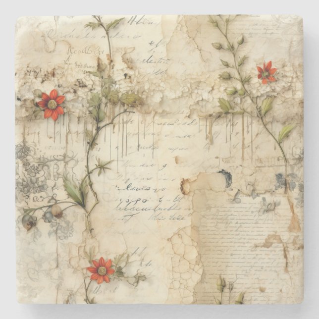 Liebe des Vintagen Pergaments mit Blume (6) Steinuntersetzer (Vorderseite)