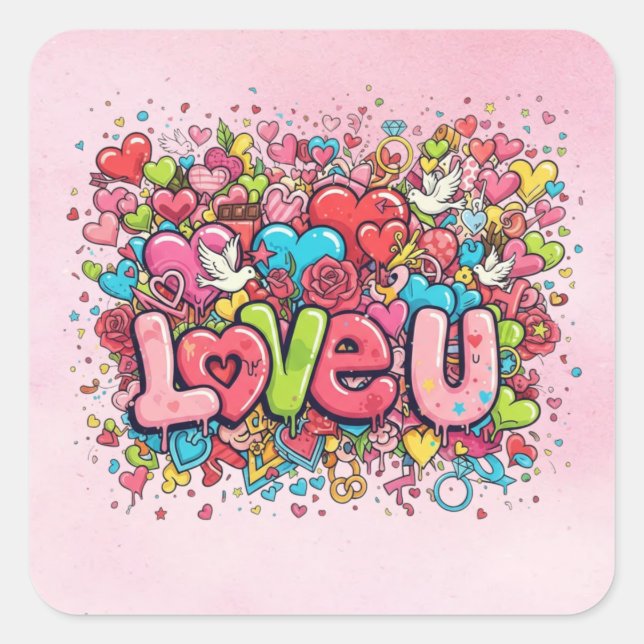 Liebe dich Bunt Sticker mit Doodle-Herzen (Vorderseite)