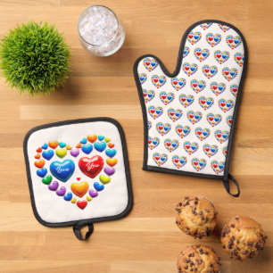 Liebe dich mit farbenfrohen Herzen Ofenhandschuh & Topflappen-Set