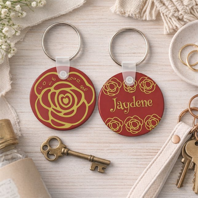Liebe dich selbst rote Rose Schlüsselanhänger (Front says “LOVE YOUR SELF.” Back says your name. This red rose keychain is bold and giftable.)