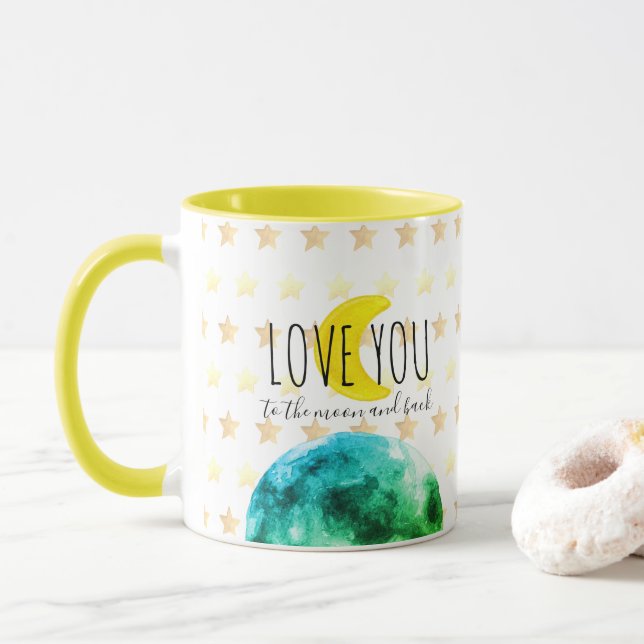 "Liebe dich zum Mond und zurück" Erde, Mond, Stern Tasse (Mit Donut)