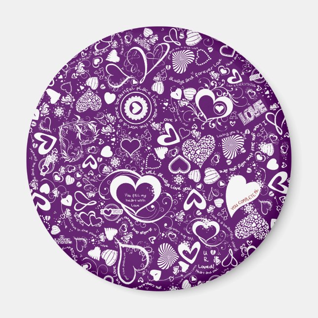 Liebe Doodles Lila-White-Round-Magnet Magnet (Vorne)