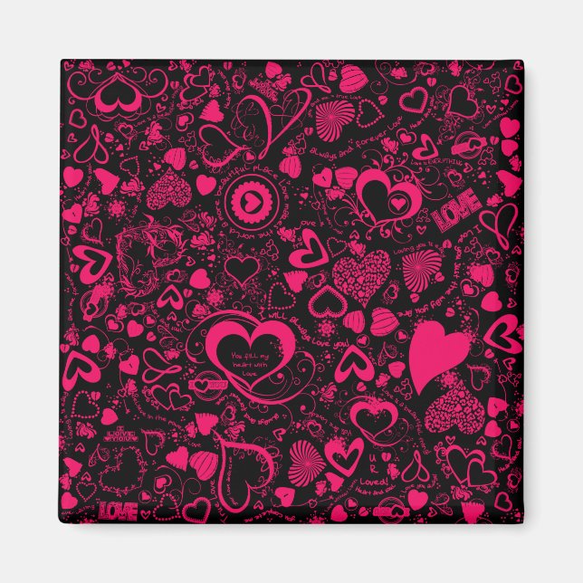 Liebe Doodles Rosa-Schwarz-Quadrat-Magnet Magnet (Vorne)