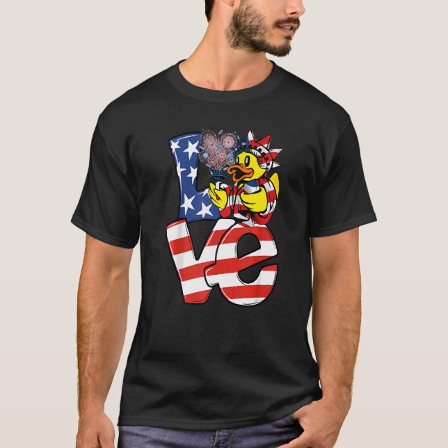 Liebe Duck Patriotic American Flag Niedliche Ente  T-Shirt (Vorderseite)