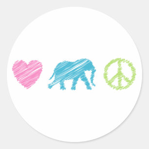 Liebe, Elefant und Frieden Runder Aufkleber