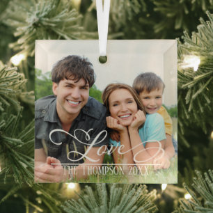 Liebe Elegantes Foto Personalisierter Name Ornament Aus Glas