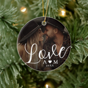 Liebe Elegantes Skript-Herz-Monogramm Zwei Fotos Keramik Ornament