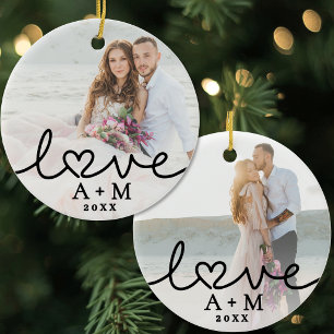 Liebe Elegantes Skript Herz Zwei Foto Keramik Ornament