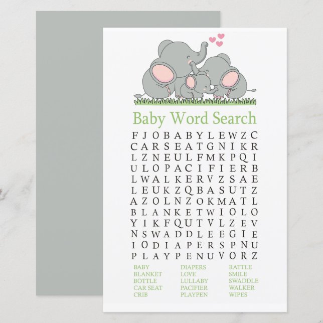 Liebe Elephants Baby Dusche Word Search Game (Vorne/Hinten)