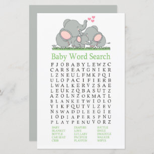 Liebe Elephants Baby Dusche Word Search Game