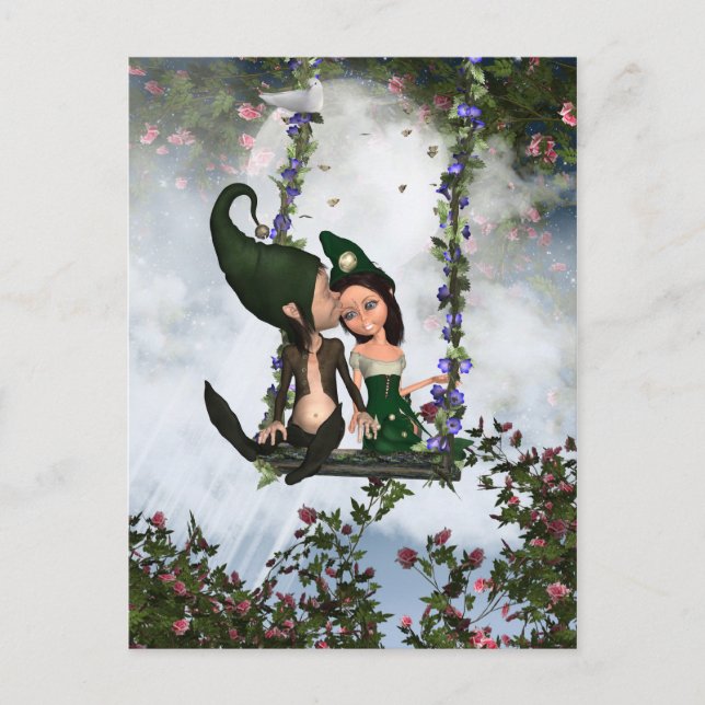 Liebe Elves Postcard, Niedliches Paar von liebende Postkarte (Vorderseite)