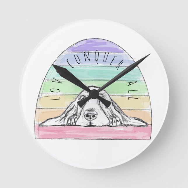 Liebe erobert den ganzen Hund Regenbogenbasenhalm Runde Wanduhr (Vorderseite)