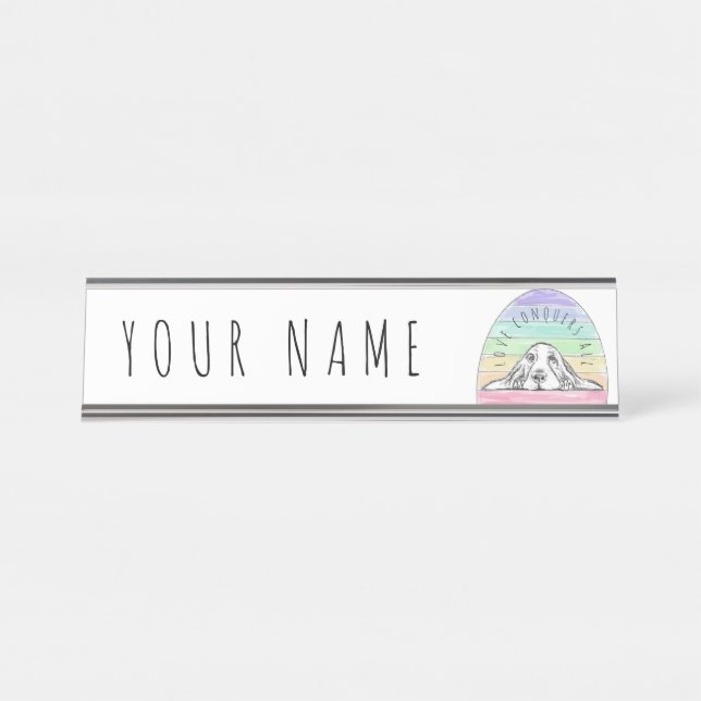 Liebe erobert den ganzen Hund Regenbogenbasenhalm Schreibtischnamensplakette (Vorderseite )
