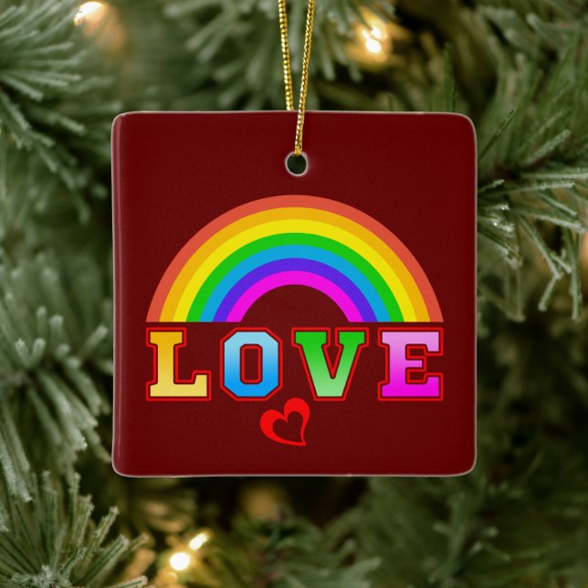 Liebe Farbenfroher Regenbogen Rotes Herz Keramikornament (Baum)