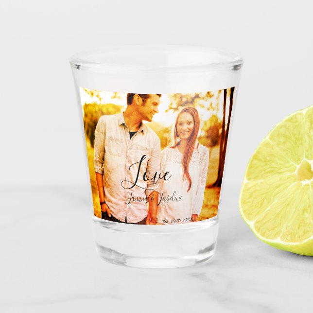 Liebe Foto fügen Sie Name est. Ehepaar Schnapsglas (Vorderseite)